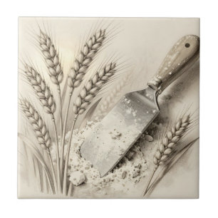 Vintage Wheat Stalks Flour Dough Scraper Illustrat Ceramic Tile