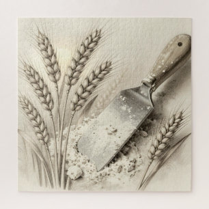 Vintage Wheat Stalks Flour Dough Scraper Illustrat Jigsaw Puzzle