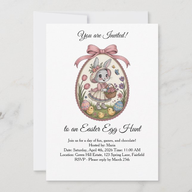 Vintage Whimsical Easter Bunny Egg Hunt Invitation (Front)