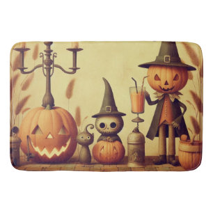 Vintage, whimsical Halloween pumpkins & bats Bath Mat