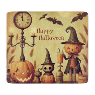 Vintage, whimsical Halloween pumpkins & bats Cutting Board