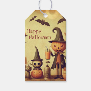 Vintage, whimsical Halloween pumpkins & bats Gift Tags