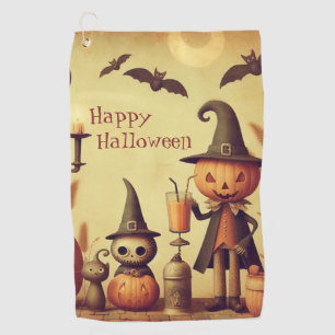 Vintage, whimsical Halloween pumpkins & bats Golf Towel