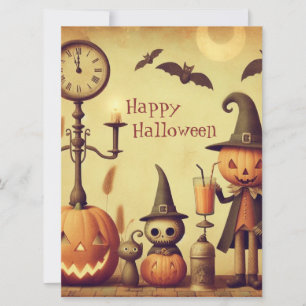 Vintage, whimsical Halloween pumpkins & bats Holiday Card