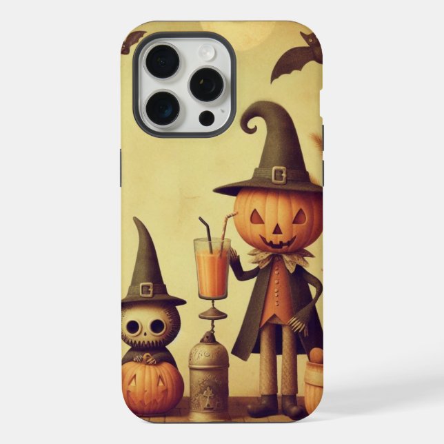 Vintage, whimsical Halloween pumpkins & bats iPhone Case (Back)