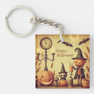 Vintage, whimsical Halloween pumpkins & bats Key Ring