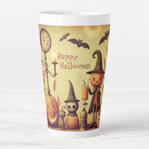 Vintage, whimsical Halloween pumpkins & bats Latte Mug