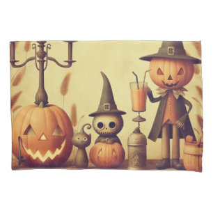 Vintage, whimsical Halloween pumpkins & bats Pillowcase