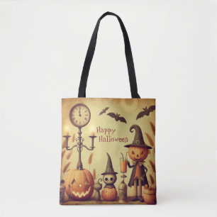 Vintage, whimsical Halloween pumpkins & bats Tote Bag
