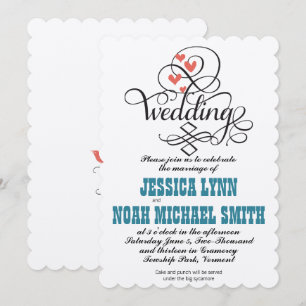 Vintage Whimsical Hearts Teal and Coral Invitation