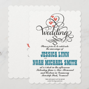 Vintage Whimsical Hearts Teal and Coral Invitation