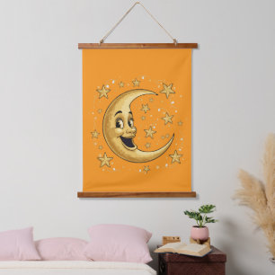 Vintage Whimsical Man in the Moon   Golden Celesti Hanging Tapestry