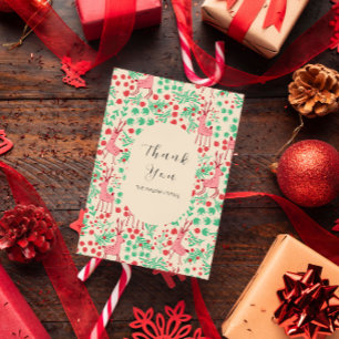 Vintage Whimsical Pink Reindeer, Christmas Pattern Thank You Card