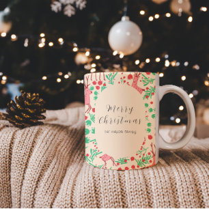 Vintage Whimsical Pink Reindeer, Christmas Pattern Two-Tone Coffee Mug