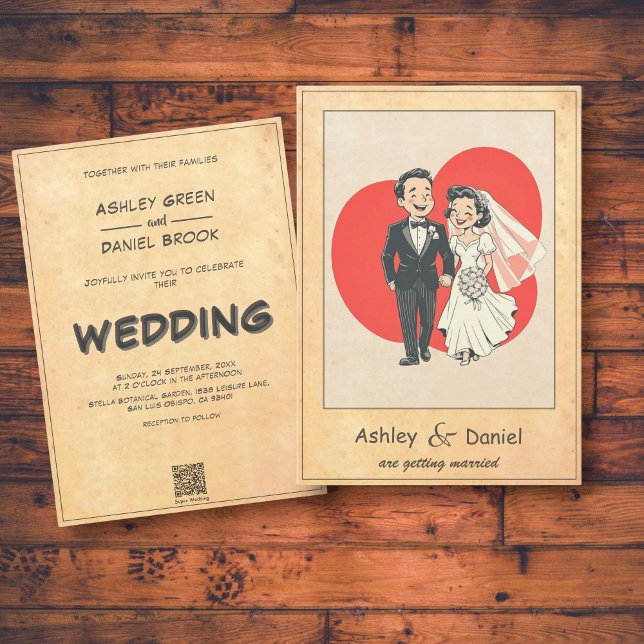 Vintage Whimsical Romantic Couple Comic Wedding Invitation (Creator Uploaded)