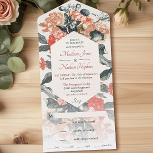 Vintage Whimsical Watercolor Floral Wedding All In One Invitation