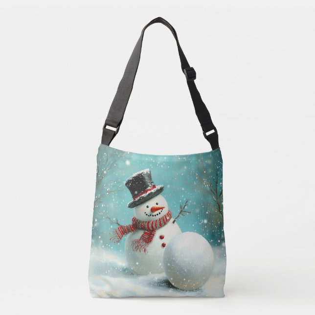 Vintage Whimsical Winter Snowman Joy Crossbody Bag (Front)