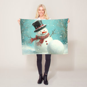 Vintage Whimsical Winter Snowman Joy Fleece Blanket