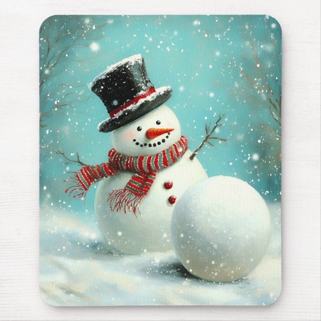 Vintage Whimsical Winter Snowman Joy Mouse Pad (Front)