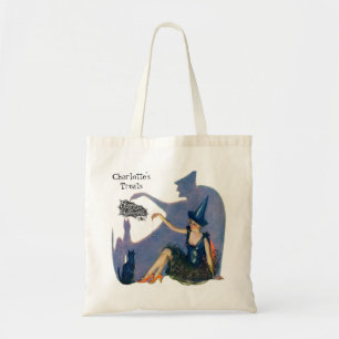 Vintage Whimsical Witch & Cat Halloween Treats Tote Bag