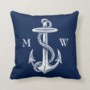 Vintage White Anchor Rope Navy Blue Background Cushion