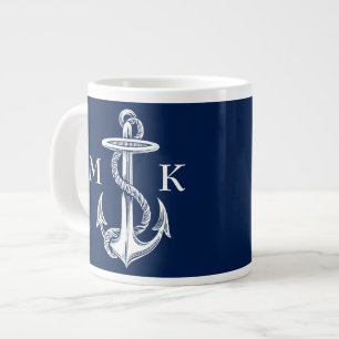 Vintage White Anchor Rope Navy Blue Background Large Coffee Mug