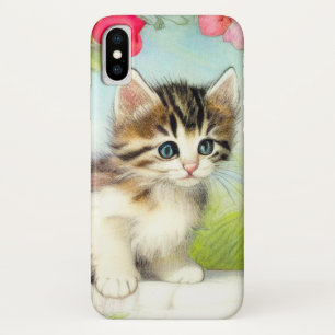 Vintage White and Brown Kitten with Flowers iPhone X Case