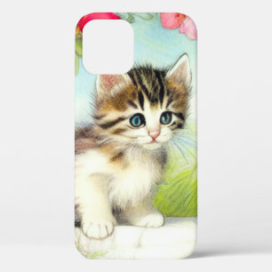 Vintage White and Brown Kitten with Flowers iPhone 12 Case