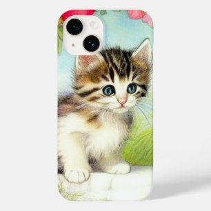 Vintage White and Brown Kitten with Flowers Case-Mate iPhone 14 Case