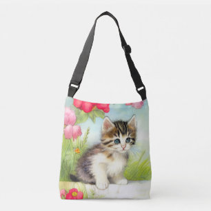 Vintage White and Brown Kitten with Flowers Crossbody Bag