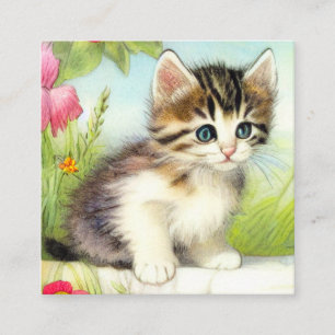 Vintage White and Brown Kitten with Flowers Enclosure Card