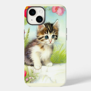 Vintage White and Brown Kitten with Flowers iPhone 14 Case