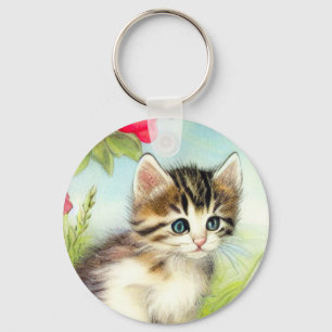 Vintage White and Brown Kitten with Flowers Key Ring