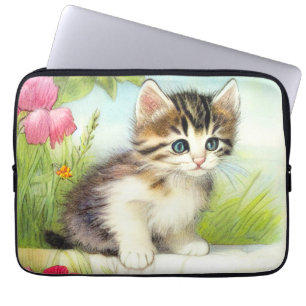 Vintage White and Brown Kitten with Flowers Laptop Sleeve