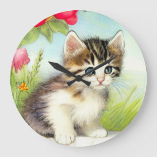 Vintage White and Brown Kitten with Flowers Large Clock