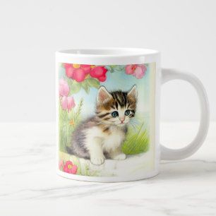 Vintage White and Brown Kitten with Flowers Large Coffee Mug
