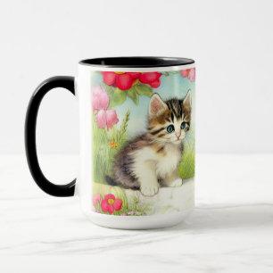 Vintage White and Brown Kitten with Flowers Mug