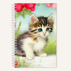 Vintage White and Brown Kitten with Flowers Notebook