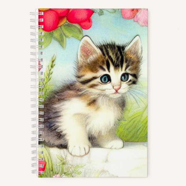 Vintage White and Brown Kitten with Flowers Notebook (Front)
