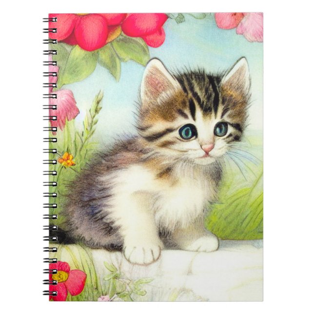 Vintage White and Brown Kitten with Flowers Notebook (Front)