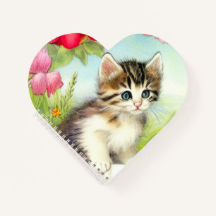 Vintage White and Brown Kitten with Flowers Notebook