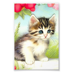 Vintage White and Brown Kitten with Flowers Photo Print