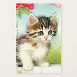 Vintage White and Brown Kitten with Flowers Planner