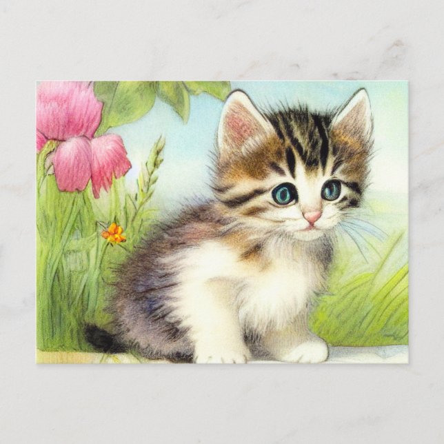 Vintage White and Brown Kitten with Flowers Postcard (Front)