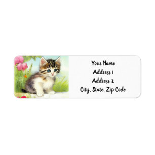 Vintage White and Brown Kitten with Flowers Return Address Label
