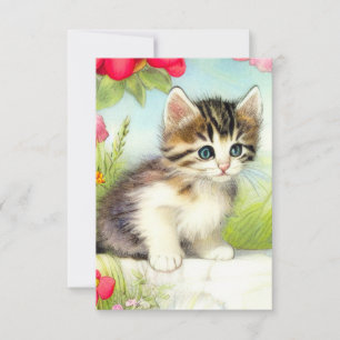 Vintage White and Brown Kitten with Flowers RSVP Card