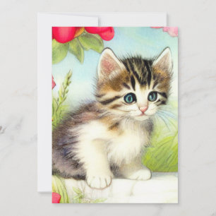 Vintage White and Brown Kitten with Flowers Save The Date