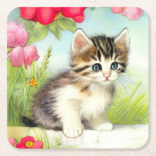 Vintage White and Brown Kitten with Flowers Square Paper Coaster