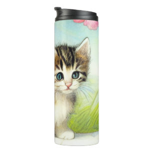 Vintage White and Brown Kitten with Flowers Thermal Tumbler