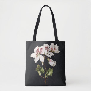 Vintage White and pink Flowers on black Tote Bag